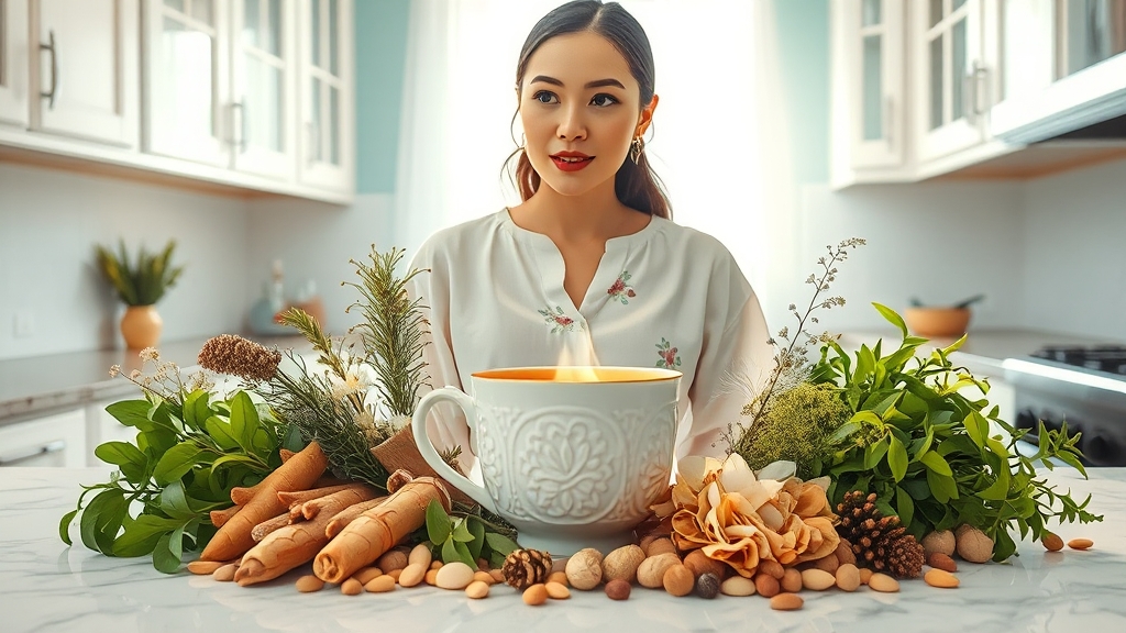 약초별 효능: 소화 불량, 배탈 완화 (realistic 스타일)