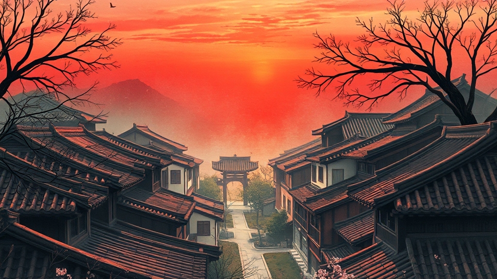 오목대, 한눈에 담는 한옥마을 풍경 (illustration 스타일)