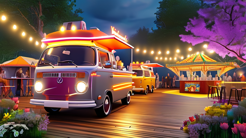 축제 현장 즐기기: 먹거리, 부대시설, 공연 (realistic 스타일)