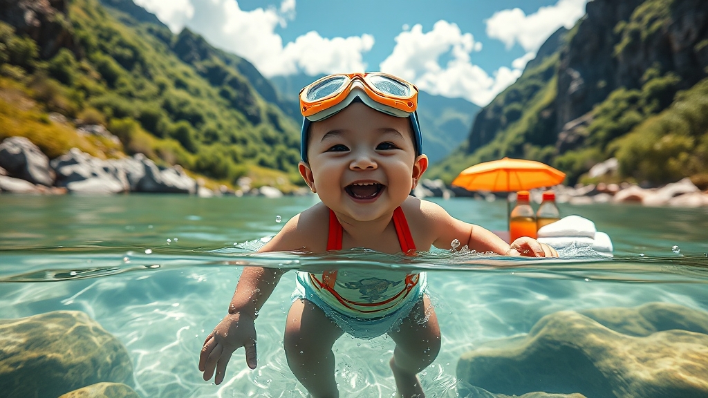 아기 동반 물놀이 준비물 (realistic 스타일)