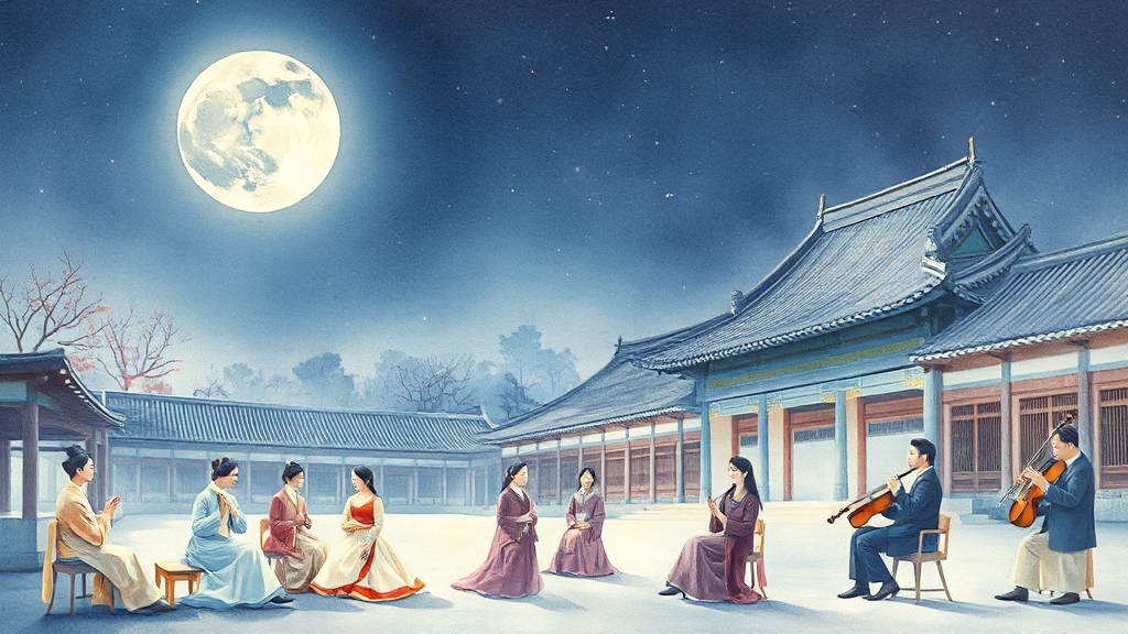 전통 예술 공연과 특별한 다과 (watercolor 스타일)