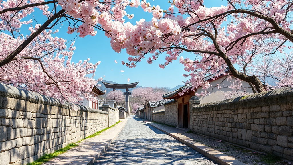 경주 대표 벚꽃 명소: 대릉원 돌담길 (realistic 스타일)