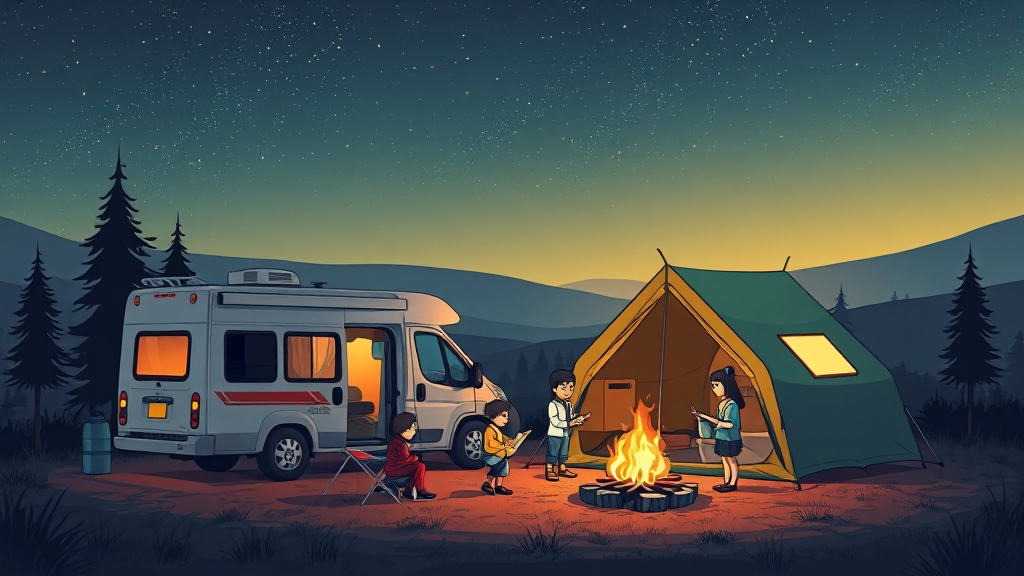 차박 vs 텐트 캠핑 기본 개념 (cartoon 스타일)