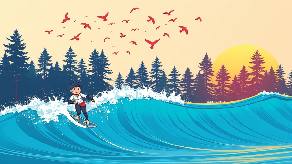 남해안 서핑 & 해송숲 드라이브 (cartoon 스타일)