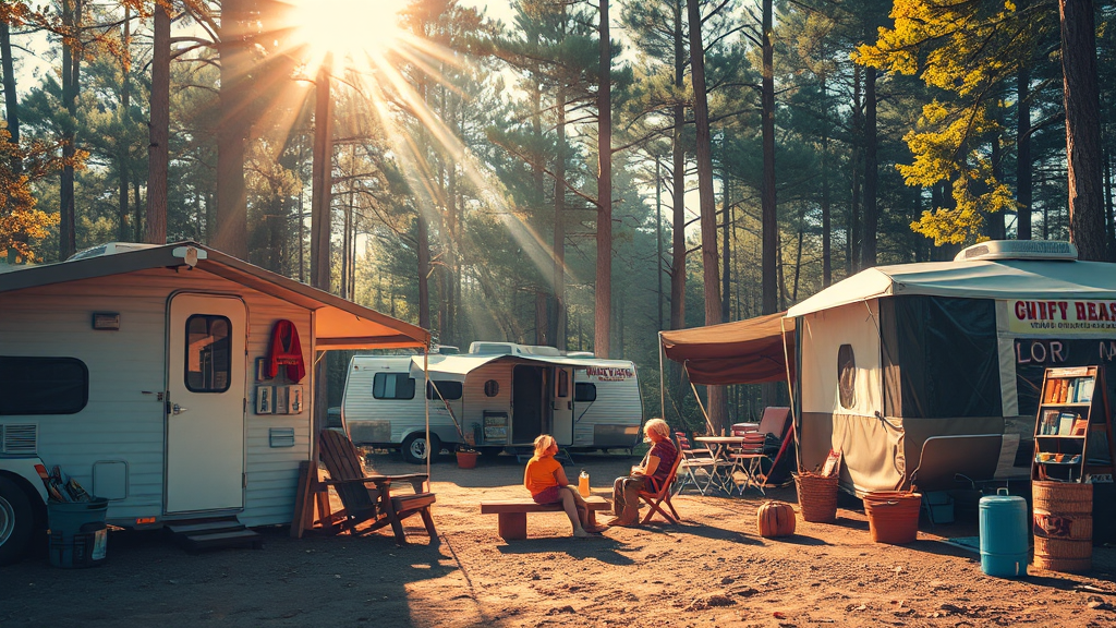 캠핑장 시설: 편의시설, 화장실, 매점 (realistic 스타일)