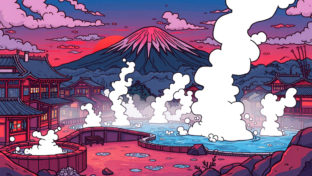 일본 온천, 지역별 특징은? (cartoon 스타일)