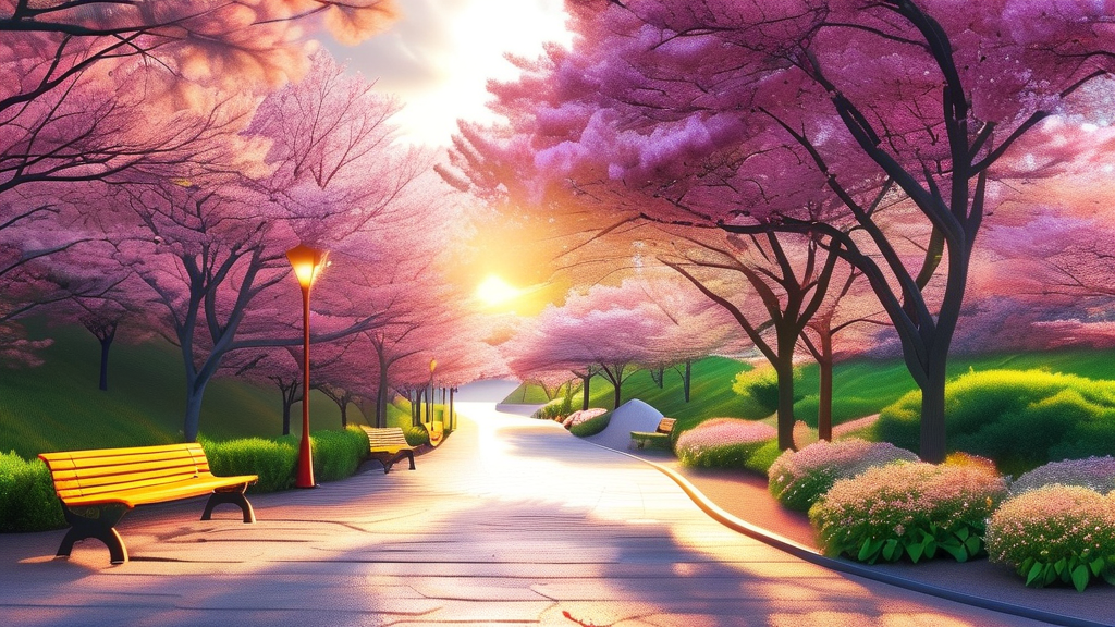 원미산 진달래 동산: 아름다운 꽃길과 명소 (realistic 스타일)