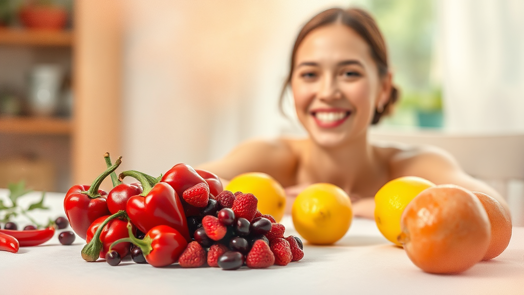 비타민 C 풍부한 식품 (파프리카, 베리류) (watercolor 스타일)