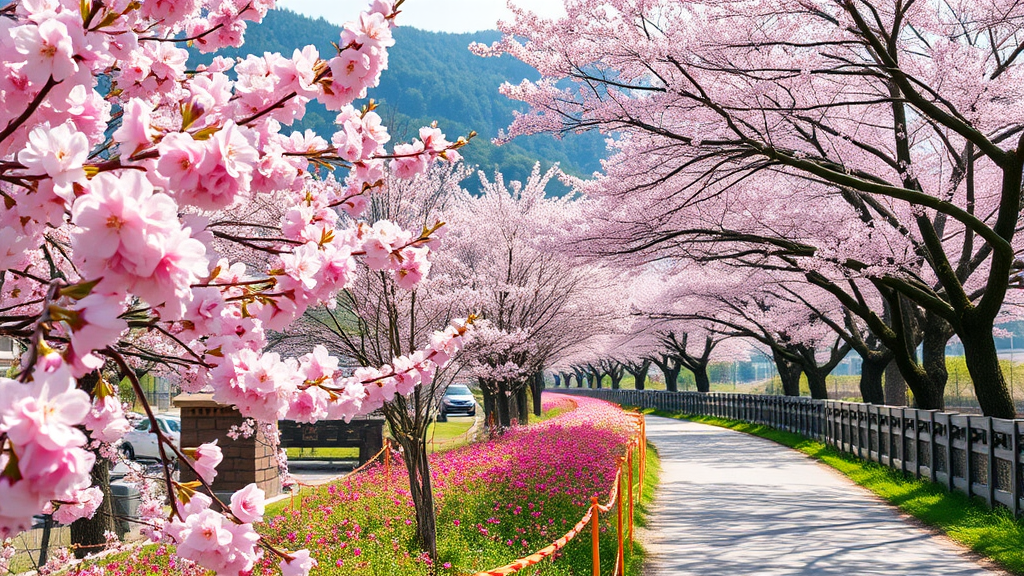 봄의 정취를 만끽할 수 있는 충청북도 명소 (realistic 스타일)