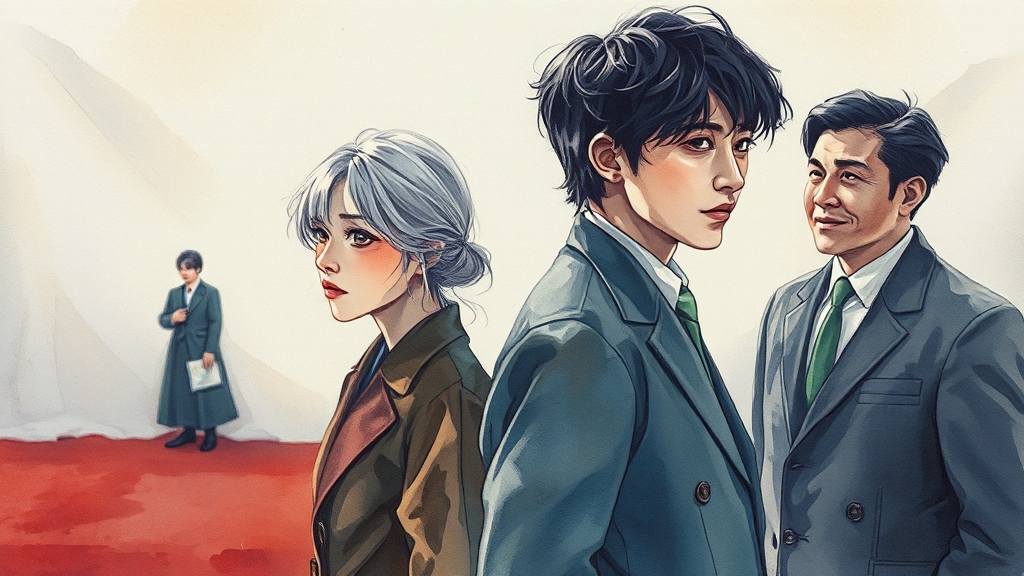등장인물 소개 및 관계 (watercolor 스타일)