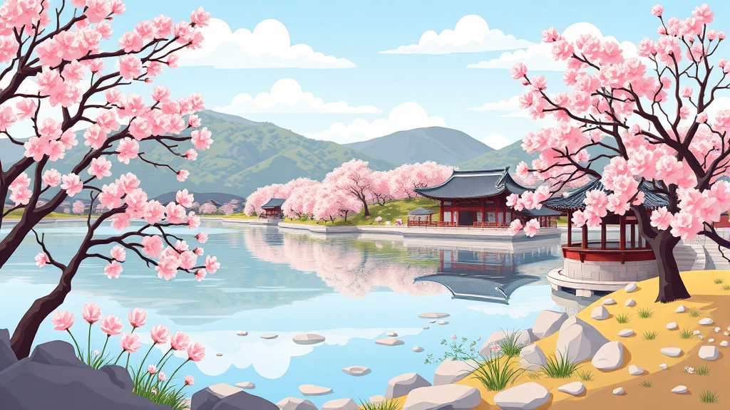 경주: 벚꽃 만발한 보문단지와 역사 유적 탐방 (cartoon 스타일)