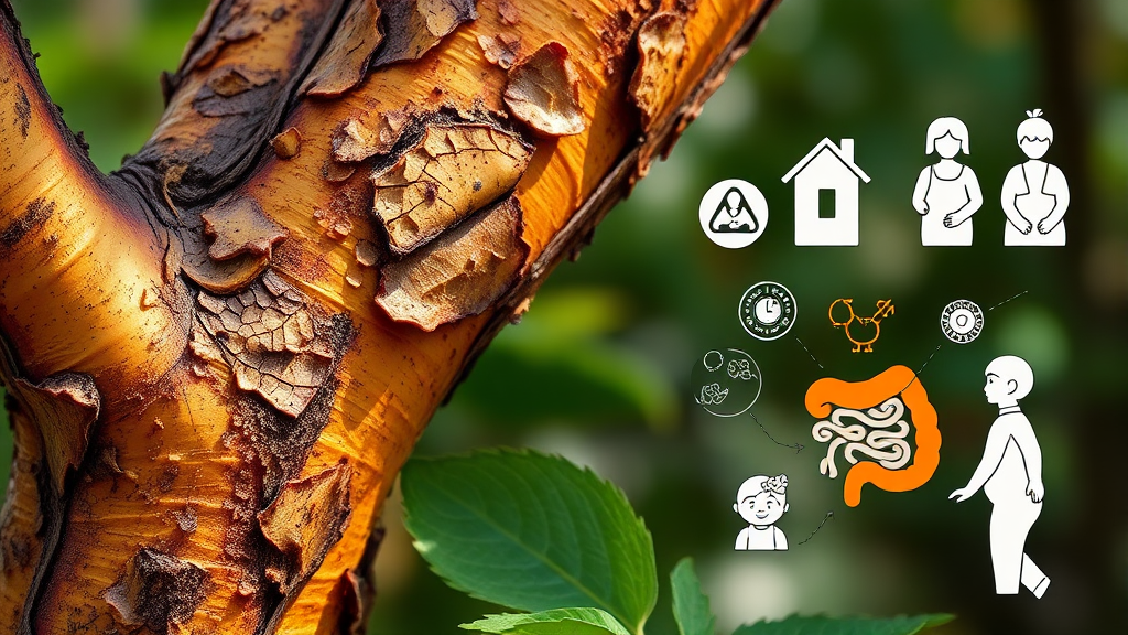 두충나무껍질 섭취 시 주의사항 및 부작용 (realistic 스타일)