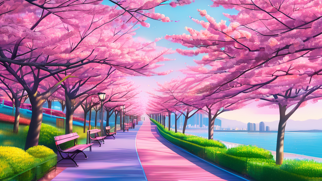 부산 벚꽃 명소 탐방 (realistic 스타일)