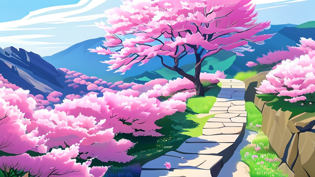 원미산 산책로 코스 추천: 아름다운 진달래와 함께하는 여정 (illustration 스타일)