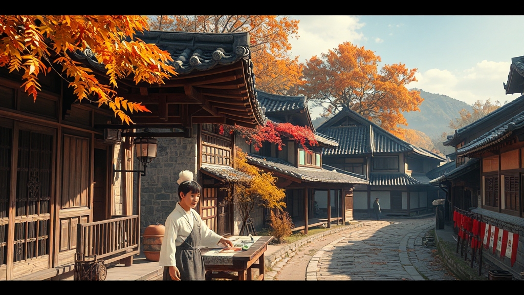 양반 가옥과 초가집이 함께 있는 한국민속촌 민속마을 풍경