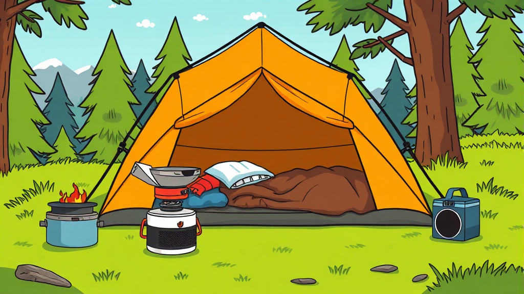 캠핑 준비물 및 꿀팁 (cartoon 스타일)