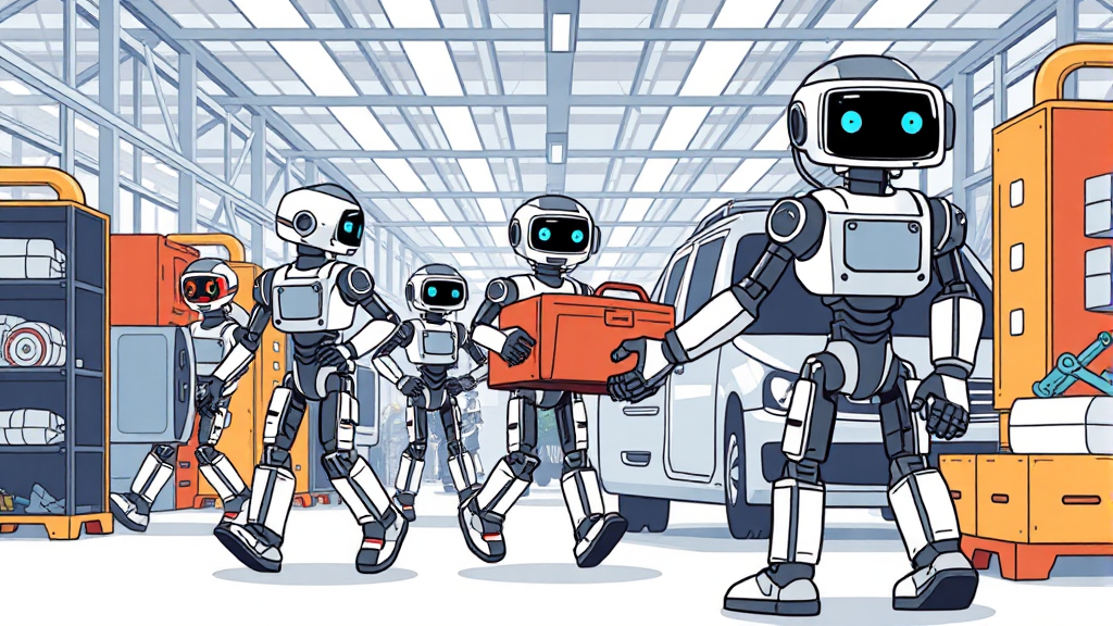 다양한 활용 사례: 휴머노이드 로봇의 현장 투입과 업무 성과 (cartoon 스타일)