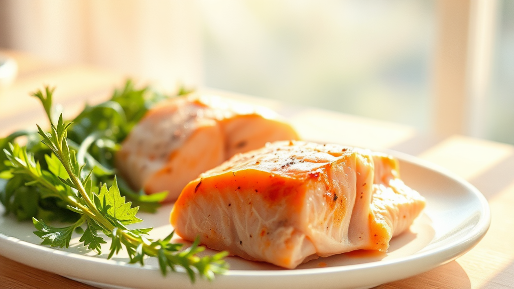 신경 회복 돕는 식품 (닭가슴살, 생선) (watercolor 스타일)