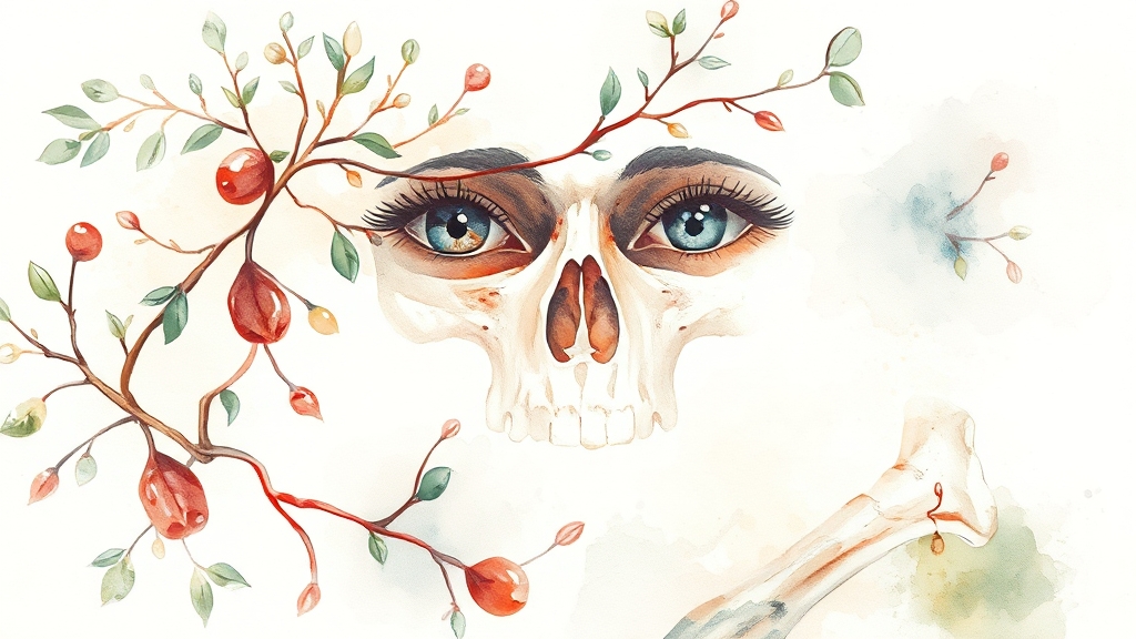 가지의 다양한 효능: 혈관, 눈, 뼈 건강 (watercolor 스타일)