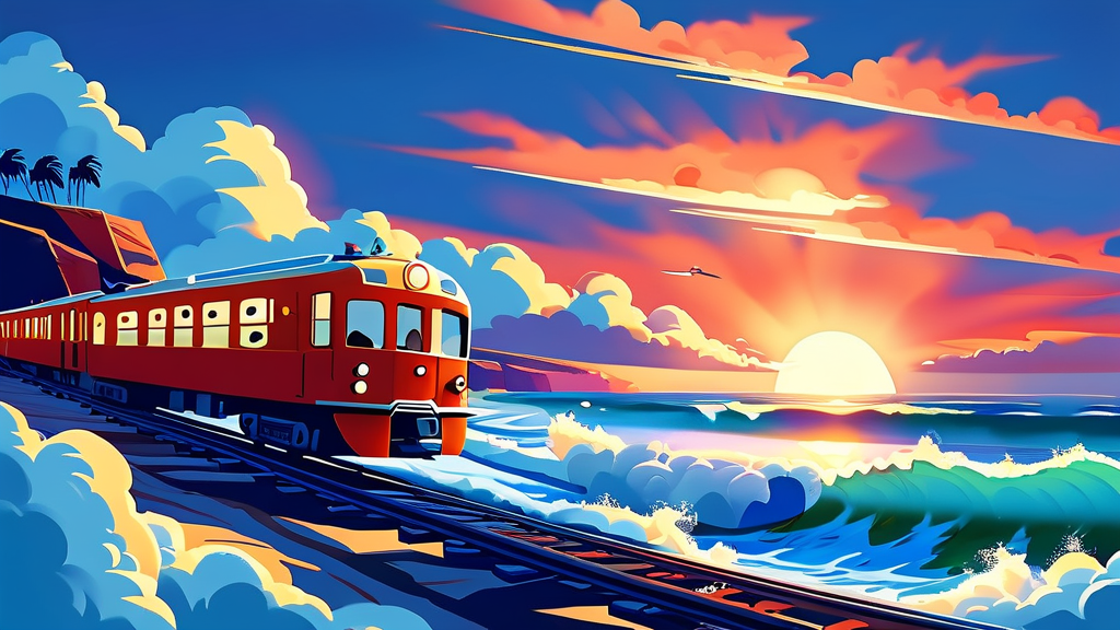 해변열차와 스카이캡슐: 환상적인 바다 풍경 감상 (cartoon 스타일)