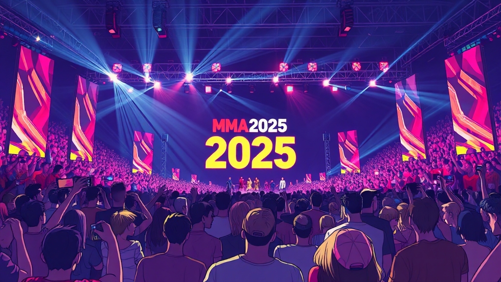 MMA 2025 라인업 예상 일러스트 – 다양한 K팝 아티스트 무대 (illustration 스타일)