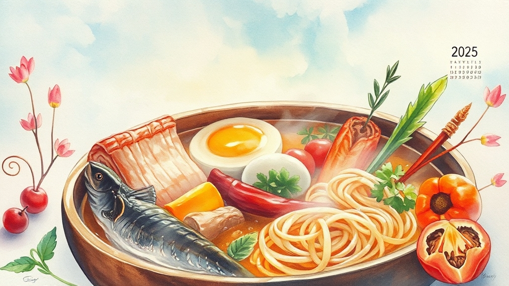 복날 대표 보양식: 삼계탕, 장어, 콩국수 (watercolor 스타일)