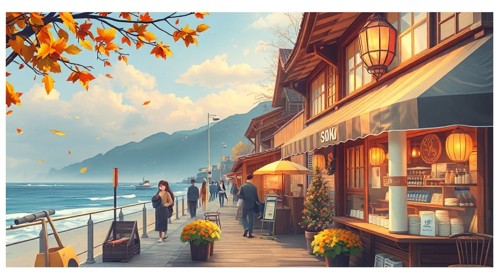 강릉 커피거리 및 주변 명소 (realistic 스타일)