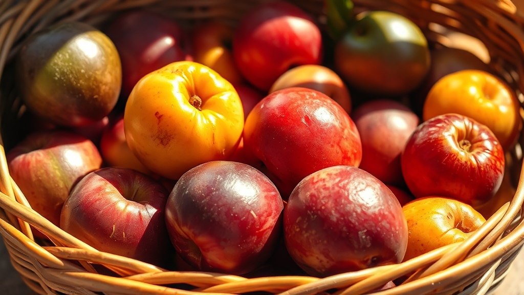 매실 수확 시기 및 종류별 특징 (realistic 스타일)