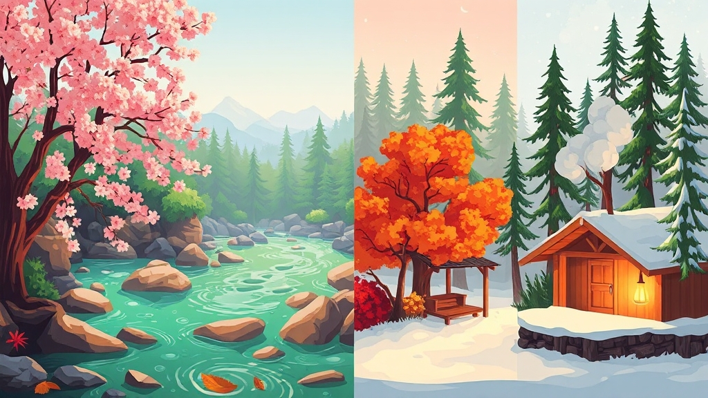 계절별 추천 캠핑장: 봄, 여름, 가을, 겨울 (cartoon 스타일)