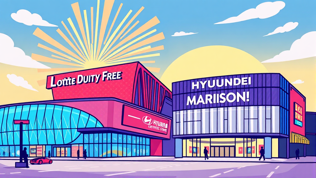 롯데면세점의 재입성과 현대백화점의 전략 (cartoon 스타일)