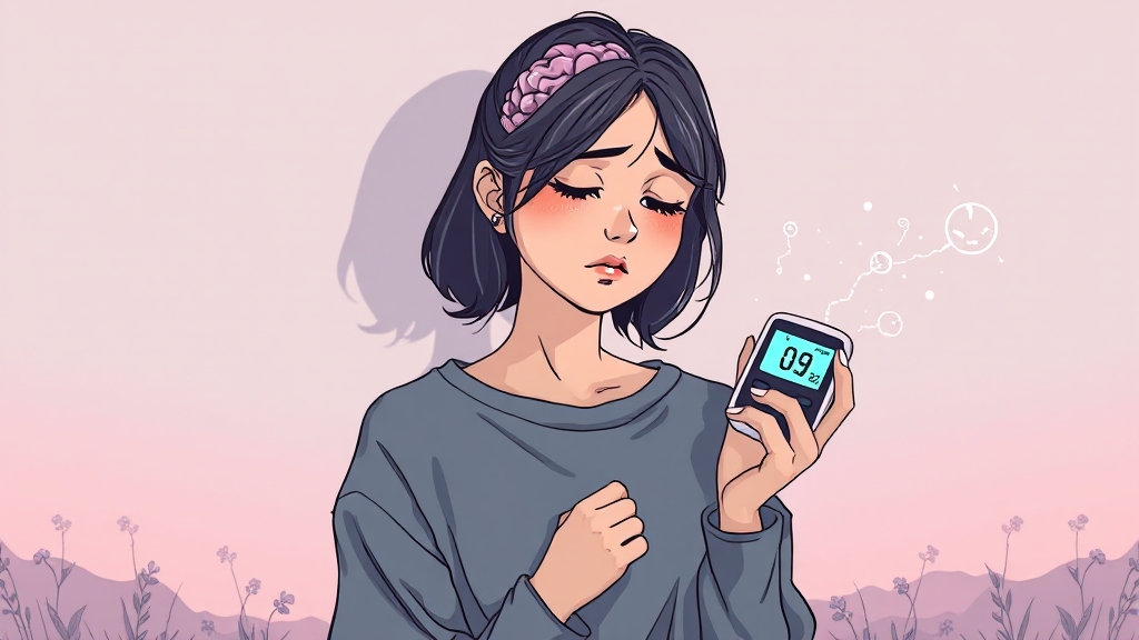저혈당 동반 증상: 어지럼증 & 두통 (illustration 스타일)