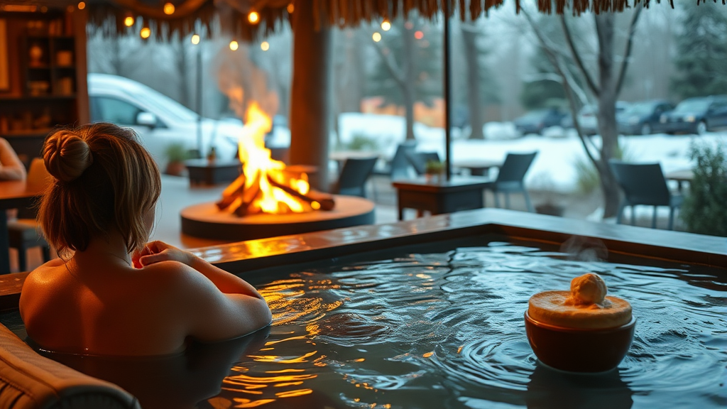 부대시설: 카페, 라운지, 온천 (realistic 스타일)