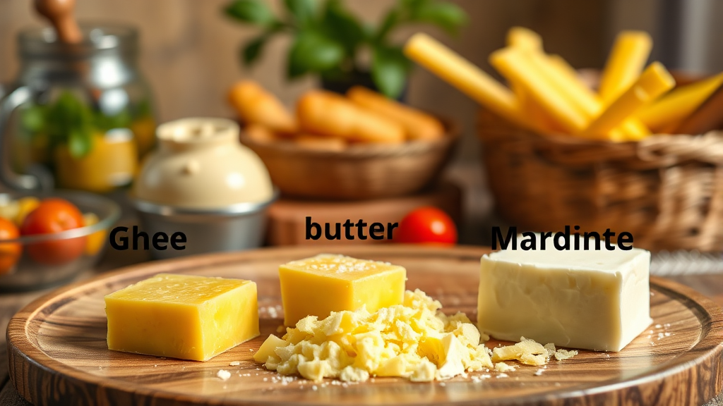기버터 vs 버터 vs 마가린, 뭐가 다를까? (realistic 스타일)
