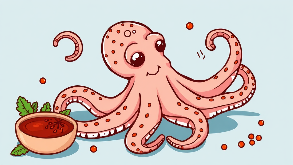 문어 숙회 완성: 쫄깃한 식감의 비밀 (cartoon 스타일)