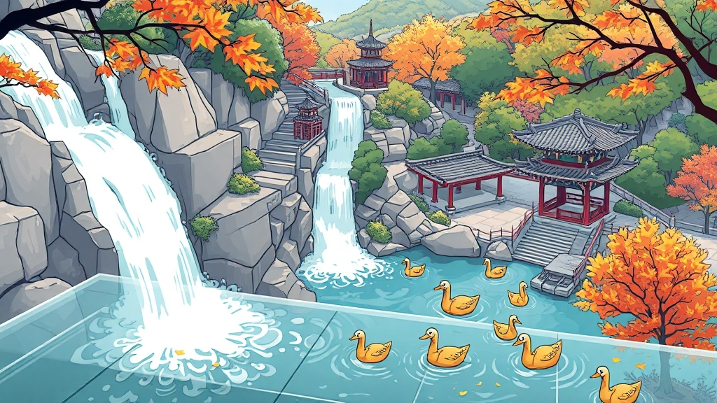 용추폭포와 유리전망대 (cartoon 스타일)