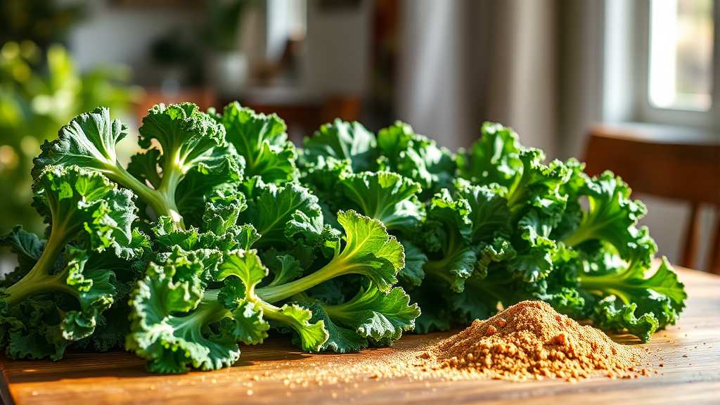 컬리케일, 생잎 vs 분말 비교 (realistic 스타일)