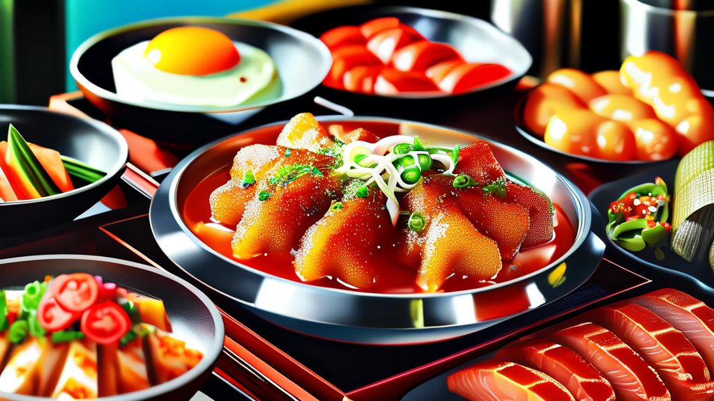 속초 중앙시장의 대표 먹거리 탐방: 닭강정부터 신선한 해산물까지 (realistic 스타일)