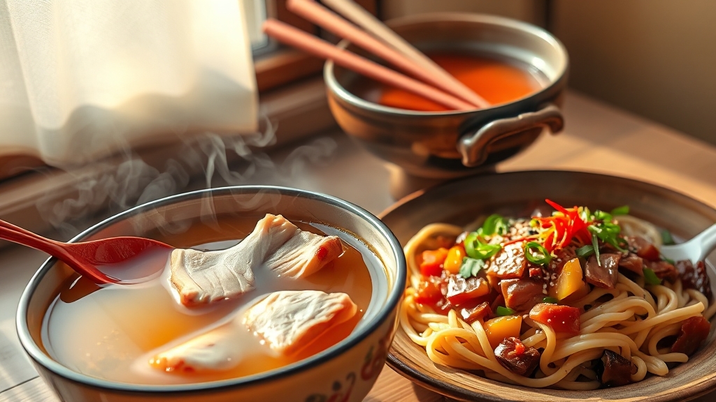 고기국수 vs 비빔국수, 맛 비교 분석 (realistic 스타일)