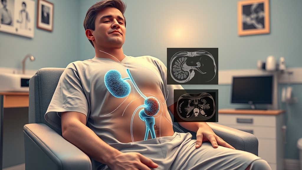 요로결석 진단: 초기 진단과 검사 (realistic 스타일)