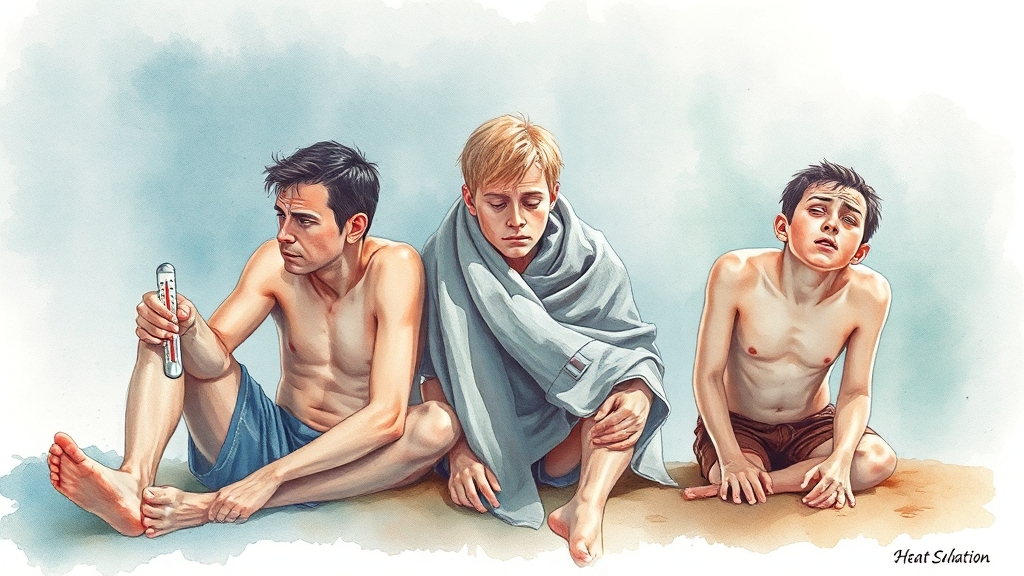 온열질환 비교: 열실신, 열탈진, 열사병 (watercolor 스타일)