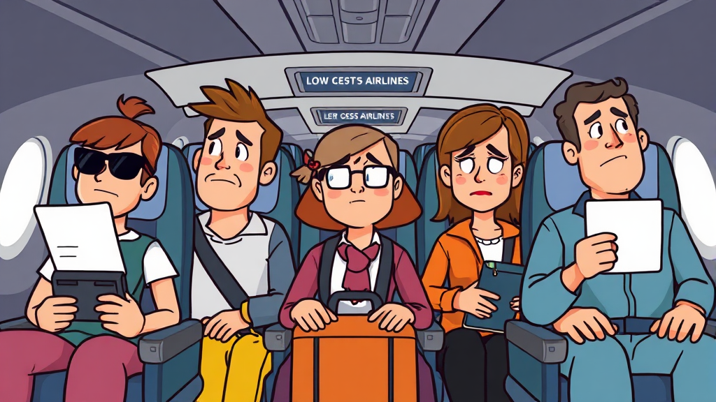 저가 항공사 이용 시 고려 사항 (cartoon 스타일)