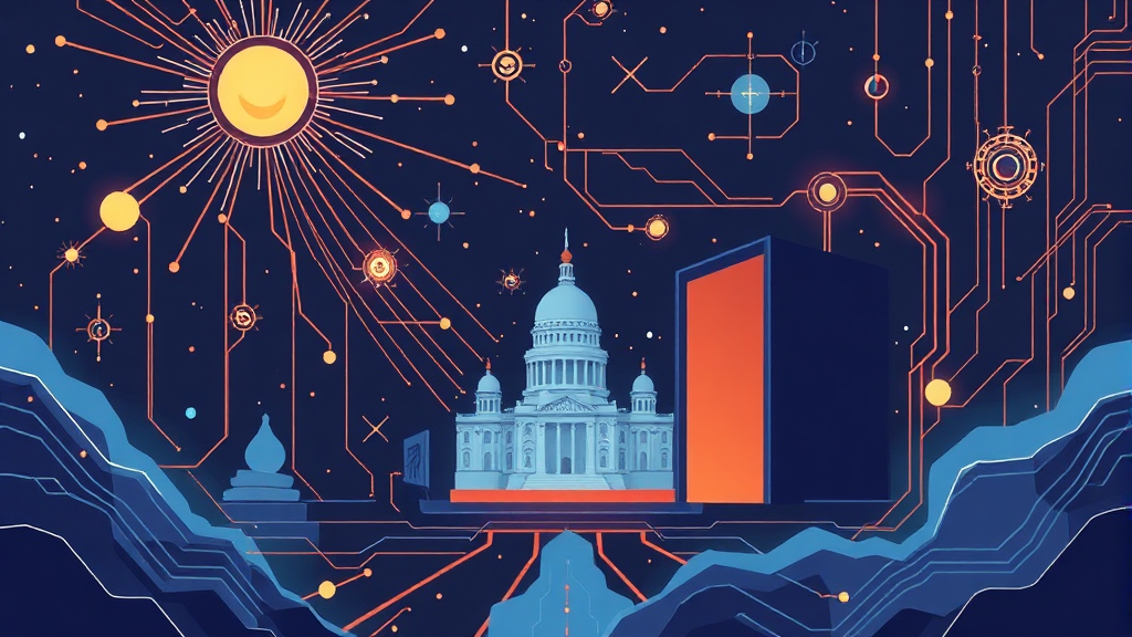 정부 정책 및 글로벌 경쟁 속 양자컴퓨터 산업 (illustration 스타일)