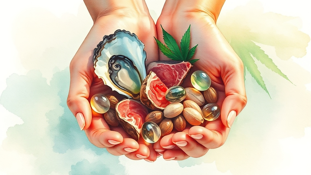 아연 섭취 방법: 음식, 영양제, 흡수율 (watercolor 스타일)