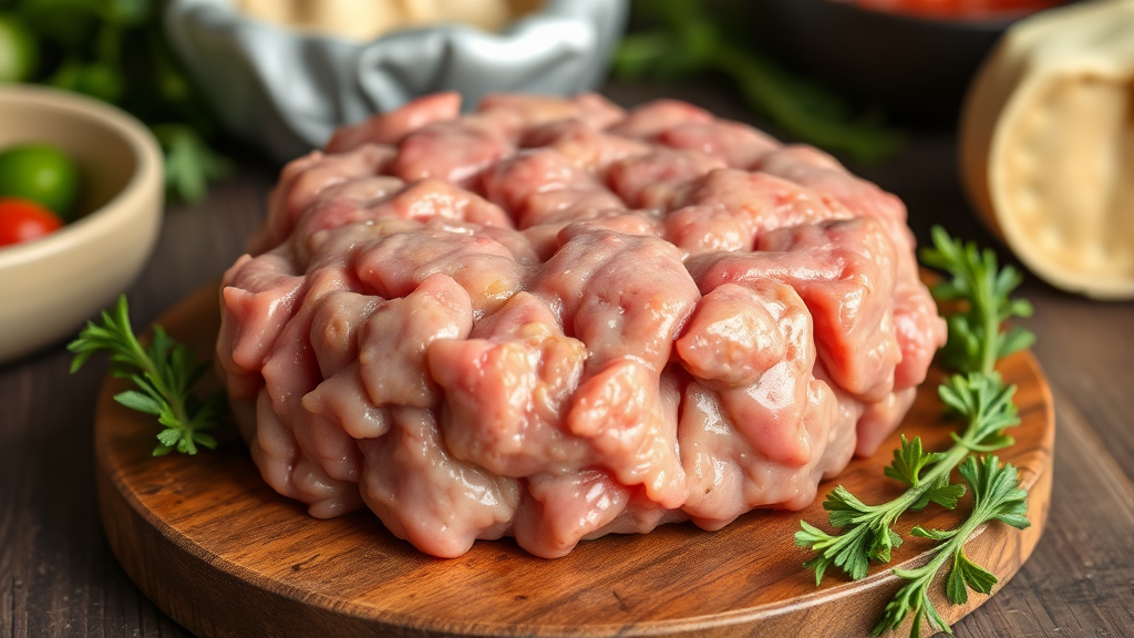 앞다리살 다짐육: 햄버거 패티부터 만두소까지 (realistic 스타일)