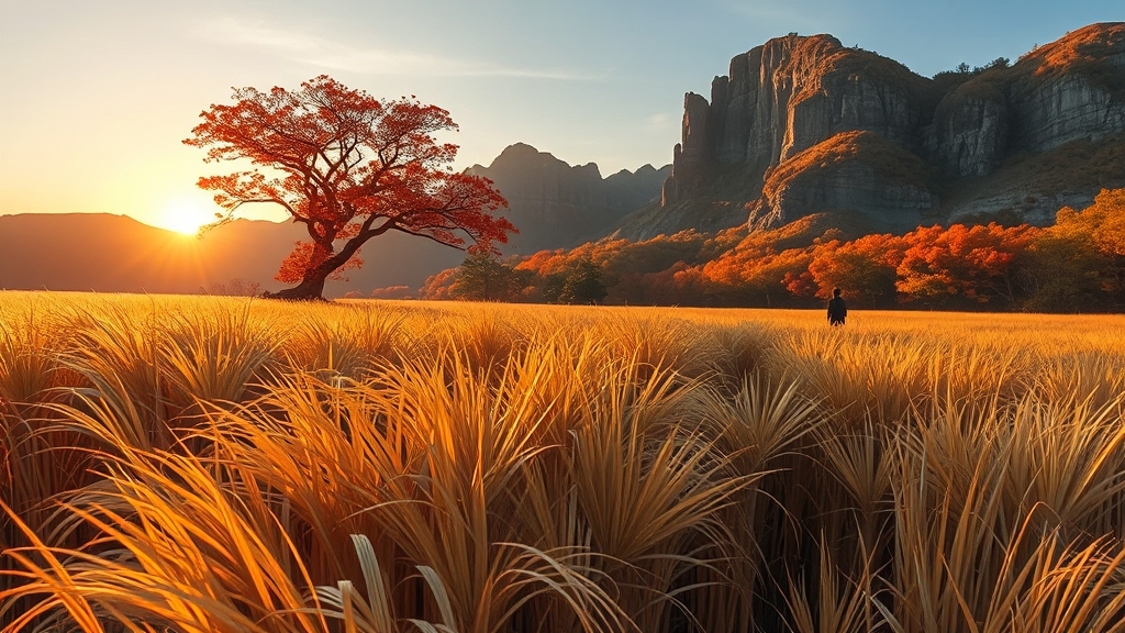 억새 물결, 황금빛 가을 풍경 속으로 (realistic 스타일)