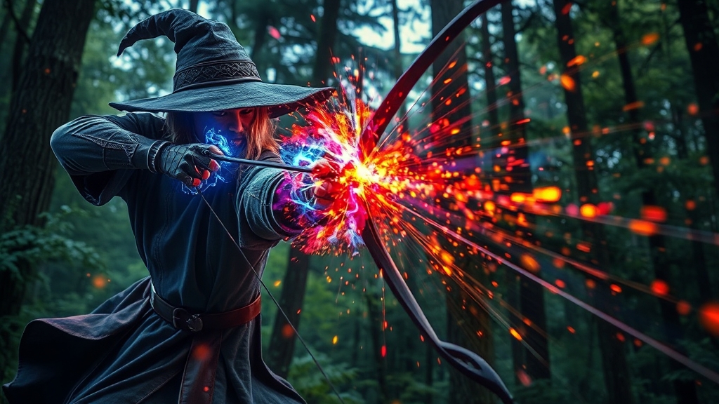 마법사 vs 궁수 (realistic 스타일)