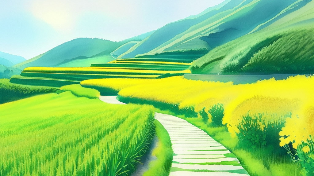 황홀한 풍경: 청보리와 유채꽃의 향연 (watercolor 스타일)