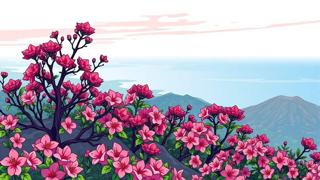 영취산 진달래 개화 상황 및 명소 (cartoon 스타일)