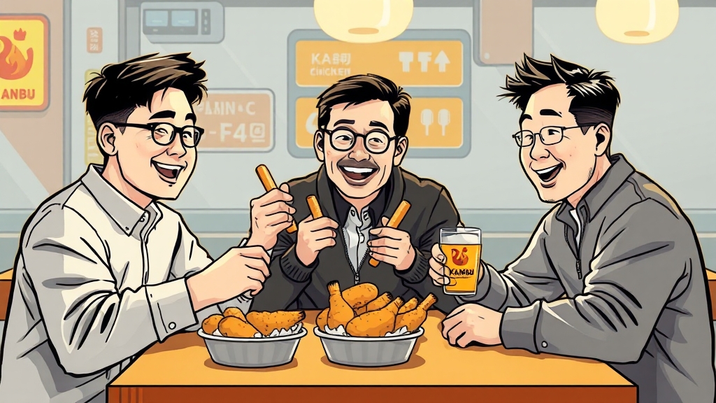 회동 장소 및 메뉴 선정 이유: 깐부치킨 (cartoon 스타일)