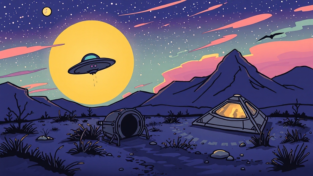 주요 UFO 사건: 로즈웰, 벨기에 사건 (cartoon 스타일)